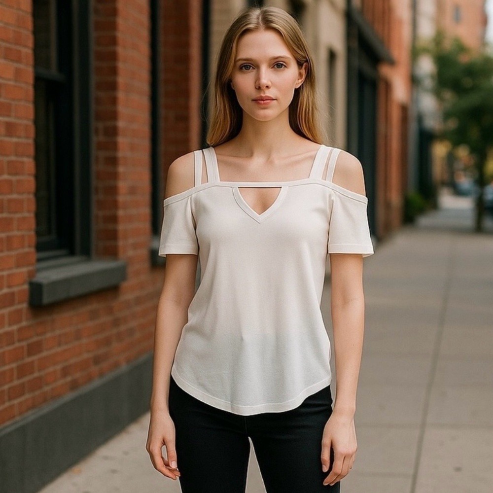 Be you Tiful Spaghetti Strap Off Shoulder Short Sleeve White Top